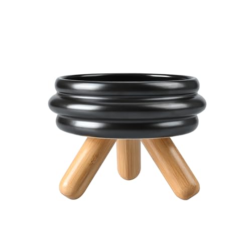 SPUNKYJUNKY Erhöhtes Keramik-Katzennapf-Set mit Holzständer, erhöhter Futternapf für Futter und Wasser, rutschfestes Design, spülmaschinenfest, mikrowellengeeignet, Schwarz, 1,7 Tassen von SPUNKYJUNKY