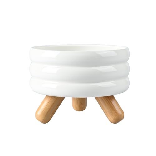 SPUNKYJUNKY Erhöhtes Keramik-Katzennapf-Set mit Holzständer, erhöhter Futternapf für Futter und Wasser, rutschfestes Design, spülmaschinenfest, mikrowellengeeignet, Wassernapf (Weiß, 590 ml) von SPUNKYJUNKY
