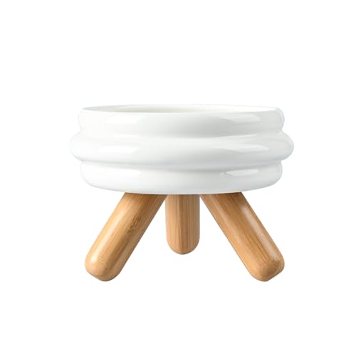 SPUNKYJUNKY Erhöhtes Keramik-Katzennapf-Set mit Holzständer, erhöhter Futternapf für Futter und Wasser, rutschfestes Design, spülmaschinenfest, mikrowellengeeignet, Weiß, 1,7 Tassen von SPUNKYJUNKY