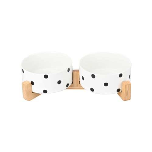 SPUNKYJUNKY Hundenapf Keramik Doppel Hund Futternapf mit Bambus Ständer für Katzen und Hunde (400ml, Punktmuster) von SPUNKYJUNKY