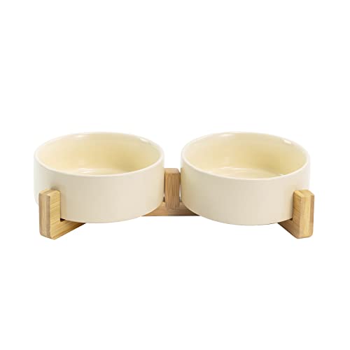 SPUNKYJUNKY Keramik Doppel Futternapf mit Bambus Ständer für Katzen und Hunde (400ml, Beige) von SPUNKYJUNKY