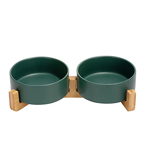 SPUNKYJUNKY Hundenapf Keramik Doppel Hund Futternapf mit Bambus Ständer für Katzen und Hunde (400ml, 1-Grün) von SPUNKYJUNKY