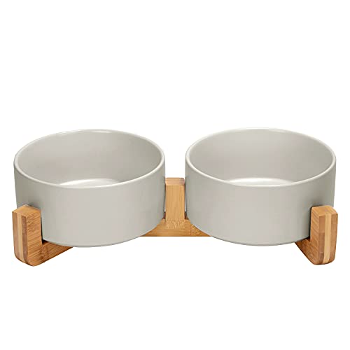 SPUNKYJUNKY Hundenapf Keramik Doppel Hund Futternapf mit Bambus Ständer für Katzen und Hunde (850ml, Grau) von SPUNKYJUNKY