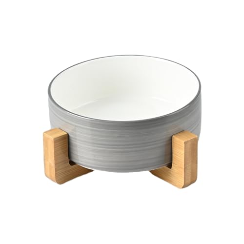 SPUNKYJUNKY Keramik Futternapf mit Bambus Ständer für Katzen und kleine Hunde (400ml, Dunkelgrau Weiß-Einzel) von SPUNKYJUNKY