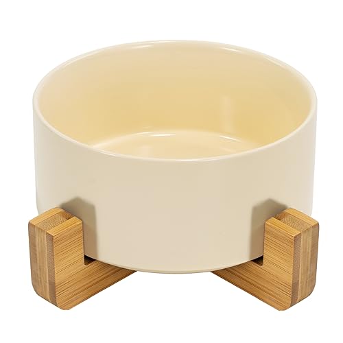 SPUNKYJUNKY Keramik Futternapf mit Bambus Ständer für Katzen und kleine Hunde (850ml, Beige-Einzel) von SPUNKYJUNKY