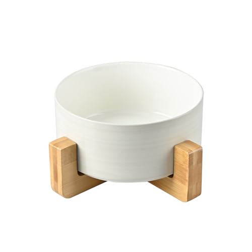 SPUNKYJUNKY Keramik Futternapf mit Bambus Ständer für Katzen und kleine Hunde (850ml, Hellgrau Weiß-Einzel) von SPUNKYJUNKY