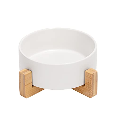 SPUNKYJUNKY Keramik Futternapf mit Bambus Ständer für Katzen und kleine Hunde (400ml, Weiß-Einzel) von SPUNKYJUNKY