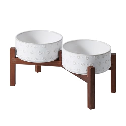 SPUNKYJUNKY Keramik Hundenäpfe Hundenapf Set mit Akazienholzständer Erhöhter Hundenapf Hundefutter und Wassernapf für kleine, mittelgroße Hunde (18,5 cm) von SPUNKYJUNKY
