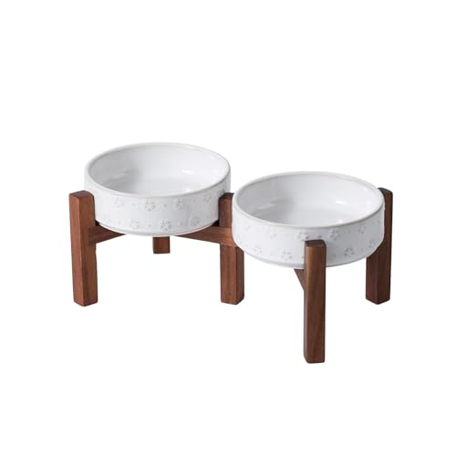 SPUNKYJUNKY Keramik Hundenäpfe Hundenapf Set mit Akazienholzständer Erhöhter Hundenapf Hundefutter und Wassernapf für kleine, mittelgroße Hunde (halb, 15,5 cm) von SPUNKYJUNKY