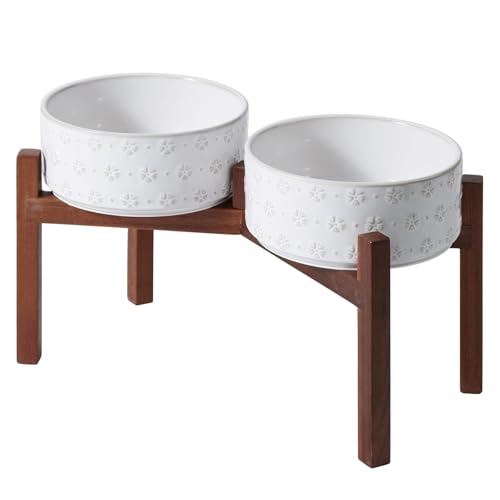 SPUNKYJUNKY Keramik-Hundenäpfe Hundenapf-Set mit Ständer aus Akazienholz, erhöhter Hundenapf, Hundefutter- und Wassernapf für kleine, mittelgroße Hunde (21 cm) von SPUNKYJUNKY