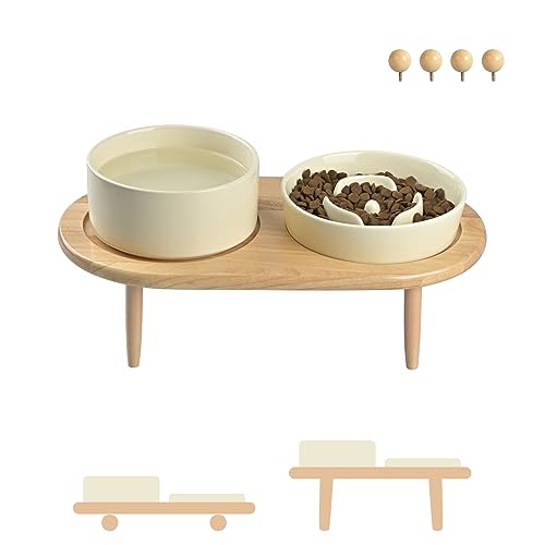 SPUNKYJUNKY Keramik Hundenapf Set Anti Schling Napf mit Bambus Ständer für Katzen und Hunde (Beige) von SPUNKYJUNKY