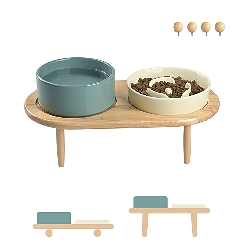 SPUNKYJUNKY Keramik Hundenapf Set Anti Schling Napf mit Bambus Ständer für Katzen und Hunde (Beige + Dunkelgrün) von SPUNKYJUNKY