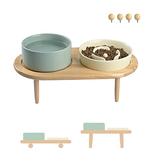 SPUNKYJUNKY Keramik Hundenapf Set Anti Schling Napf mit Bambus Ständer für Katzen und Hunde (Beige + Hellgrün) von SPUNKYJUNKY