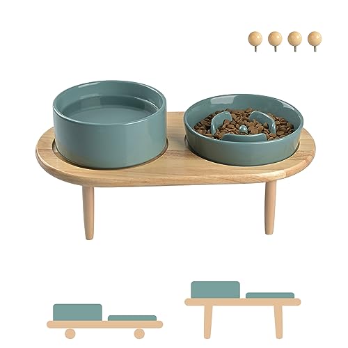 SPUNKYJUNKY Keramik Hundenapf Set Anti Schling Napf mit Bambus Ständer für Katzen und Hunde (Dunkelgrün) von SPUNKYJUNKY
