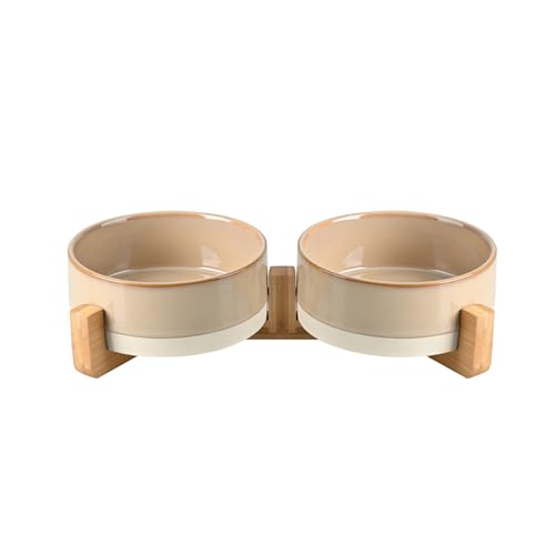 SPUNKYJUNKY Keramik-Hundenapf-Set mit Holzständer, modernes niedliches gewichtetes Futternapf-Set für kleine Hunde (1,7 Tassen, 2 × Muster, Braun) von SPUNKYJUNKY