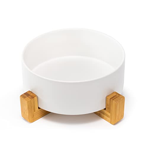 SPUNKYJUNKY Keramik Hundenapf mit Bambus Ständer für Große Hunde (1800ml, Weiß) von SPUNKYJUNKY