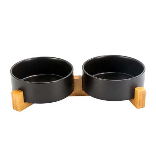 SPUNKYJUNKY Keramik-Napf-Set für Hunde und Katzen, mit Holzständer, modernes, niedliches gewichtetes Futternapf-Set für mittelgroße bis große Hunde (1,2 l, 2 × schwarz) von SPUNKYJUNKY