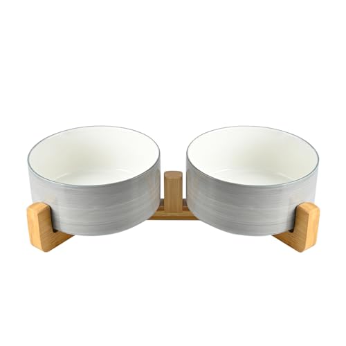 SPUNKYJUNKY Keramiknapf-Set für Hunde und Katzen, mit Holzständer, modernes niedliches gewichtetes Futternapf-Set für kleine Hunde (1,7 Tassen, 2 × Dunkelgrau-Weiß) von SPUNKYJUNKY