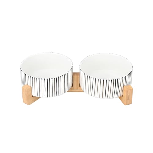 SPUNKYJUNKY Keramiknapf-Set für Hunde und Katzen, mit Holzständer, modernes niedliches gewichtetes Futternapf-Set für kleine Hunde (1,7 Tassen, 2 × vertikale Streifen, Weiß) von SPUNKYJUNKY
