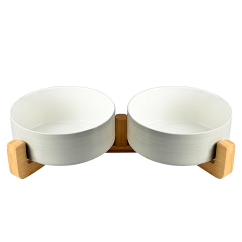 SPUNKYJUNKY Keramiknapf-Set für Hunde und Katzen, mit Holzständer, modernes niedliches gewichtetes Futternapf-Set für mittelgroße Hunde (3,6 Tassen, 2 × Hellgrau-Weiß) von SPUNKYJUNKY