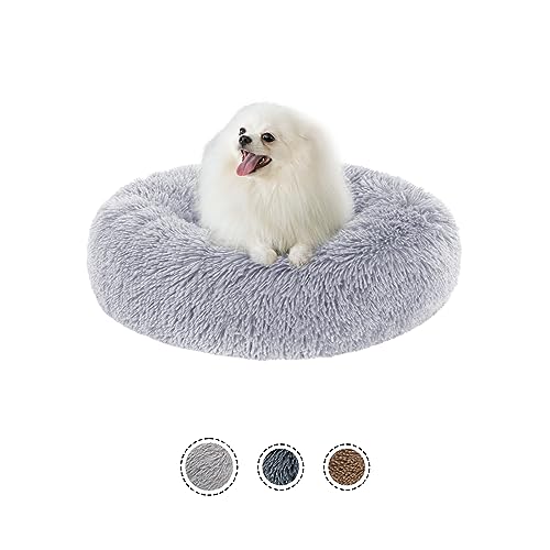 SPUNKYJUNKY Hundebett mit waschbarem Bezug Hundekissen Rund Hundekorb Hundesofa Flauschiges Haustierbett mit Langem Plüsch und Anti Rutsch Boden (60cm, Hellgrau) von SPUNKYJUNKY