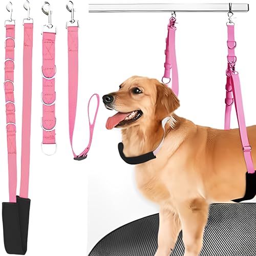 SQAQS 3PCS Haustier-Hundegeschirr, Starke Ausdauer, Hals und Haunch Halter, Fellpflege, verstellbares Tischseil mit D-Ringen, Gurt, Waschen Hundepflege Tub Zurückhaltung， Hund Bade Seil fü(Rosa) von SQAQS