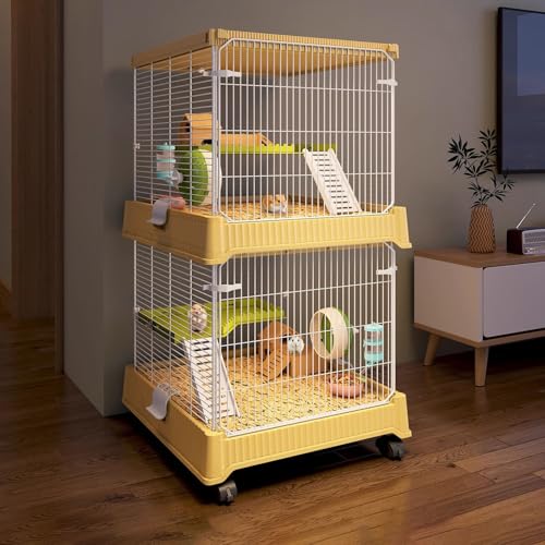 Hamsterkäfig, 2-Lagiger Kleintierkäfig mit Plattform und Leiter, VerschlüSseltes Eisengitter, 360° Drehbare Rollen, für 2–3 Kleintiere von SQUZO