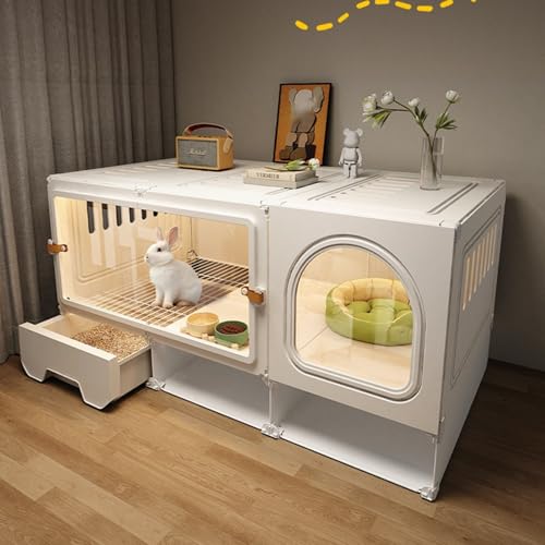 Kaninchenkäfig, Meerschweinchenkäfig mit Transparenter Schiebetür, Belüftetem Gitterboden und Ausziehbarer Wanne für Kaninchen, Meerschweinchen und Katzen(White,105 * 45 * 52cm) von SQUZO