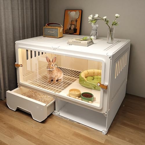 Kaninchenkäfig, Meerschweinchenkäfig mit Transparenter Schiebetür, Belüftetem Gitterboden und Ausziehbarer Wanne für Kaninchen, Meerschweinchen und Katzen(White,70 * 45 * 52cm) von SQUZO