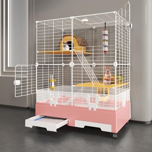 Kaninchenstall für Kleintiere, Ausziehbare Ablagen Und Spritzwasserschutz, Lebensraum für Kaninchen, Meerschweinchen Und Chinchillas(Pink) von SQUZO