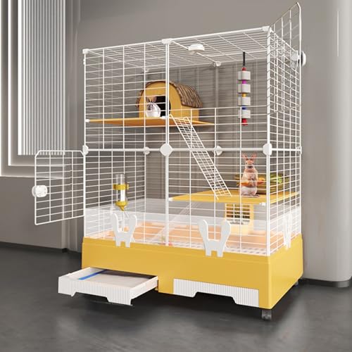 Kaninchenstall für Kleintiere, Ausziehbare Ablagen Und Spritzwasserschutz, Lebensraum für Kaninchen, Meerschweinchen Und Chinchillas(Yellow) von SQUZO