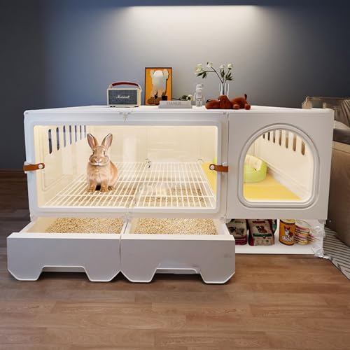 Meerschweinchenkäfig mit Transparenter Tür, Ausziehbarer Schublade mit Grasnest, Grasraufe, Tränke, Lebensraum für Kleintiere Im Innenbereich, Einfacher Aufbau von SQUZO
