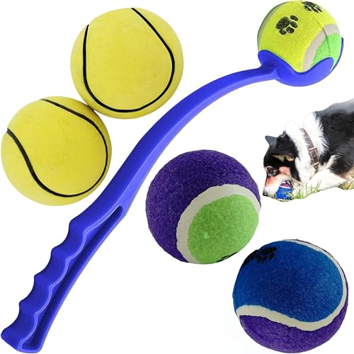 Hundeballwerfer mit 4 Hunde-Tennisbällen - Langstreckenwerfer & Apportierspielzeug für Hunde, Haltbare Gummipfotenabdruckbälle & Weiche Tennisbälle, Kaufest, Ungiftig Outdoor Welpentrainingsspielzeug von SRV Hub