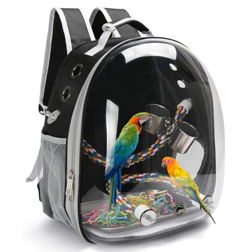 Vogelreise-Rucksack-Träger, Vogelkäfig für kleine und mittelgroße Sittiche, Wellensittiche, Nymphensittiche, Raumkapsel, klares Blasenfenster mit Edelstahl-Tablett, Futterbolzen, Stehstange (schwarz) von SSAWcasa