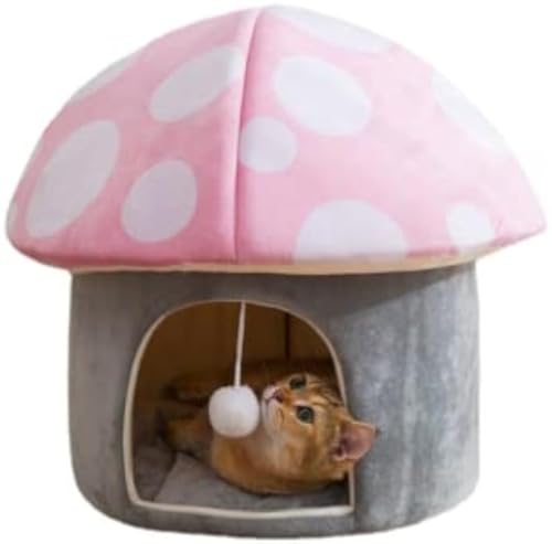 SSDH Katzennest Pilzförmiges Katzenhaus Halbgeschlossenes Höhlenartiges Warmes Katzenhaus Abnehmbares Waschbares Weiches Katzen- Und Hundehaus Mit Lustigem Katzenball-Haustierhaus (Rosa) von SSDH