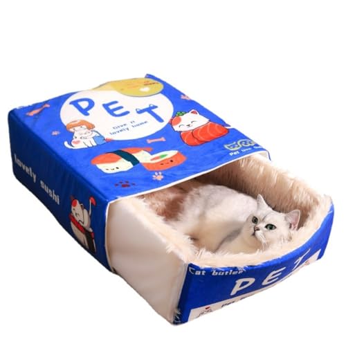 SSDHUA Katzennest, Snackbox, Bett, Kekse, Burger, Haustierbett, Winter, warmes Hundehaus, abnehmbares Plüschpolster, geschlossen, Vierjahreszeiten-Haustiernest (L, Blau) von SSDHUA