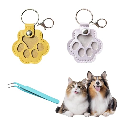 SSJkeji Hundehaar-Sammler Schlüsselanhänger mit Druckknopf – Leder-Anhänger zur Tierhaar-Aufbewahrung als Haustier-Memory Erinnerungsbox, Fell-Andenken, hängende Pfote Design (Weiß+Gelb) von SSJkeji