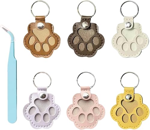 SSJkeji 6 Stücke Hundehaar-Sammler Schlüsselanhänger mit Druckknopf – Leder-Anhänger zur Tierhaar-Aufbewahrung als Haustier-Memory Erinnerungsbox, Fell-Andenken, hängende Pfote Design von SSJkeji