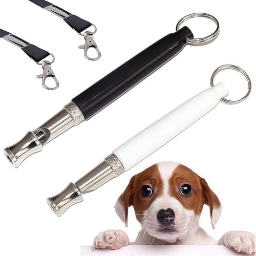 SSKHE 2 Stück Hundepfeifen gegen Bellen, Rüttelrückruf, verstellbar mit Umhängeband (Lanyard), hochfrequenzlautlos (Weiß, Schwarz) von SSKHE