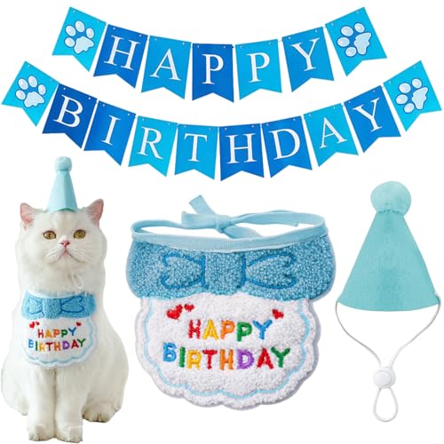 SSKHE Geburtstagshut und Schal für Katzen und Hunde, Bandana-Kleidung und Zubehör für kleine Hunde und Katzen, Mini-Partyhüte für Spielzeugtiere, Kätzchen-Outfit, Geschenk für liebe Katze (Blau von SSKHE