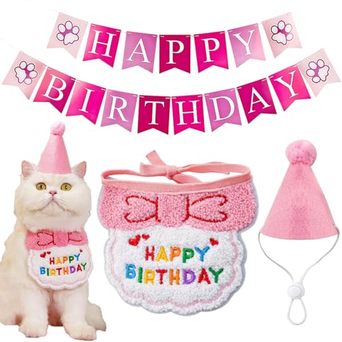 SSKHE Katze Hund Geburtstag Hut Schal Banner Set Bandana Kleidung & Zubehör für kleine Hunde Katze, Mini Party Hüte für Spielzeugtiere Kätzchen Outfit Geschenk für liebe Katze (Rosa, Einheitsgröße) von SSKHE
