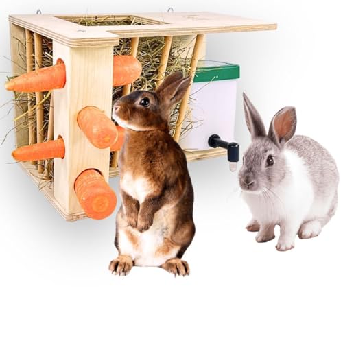 Heuraufe mit Buchenholz-Sprossen Trinkflasche, Karotten und Snackspender mit verschiedenen Öffnungen, Haken zum Aufhängen Futterstation für Kaninchen Meerschweinchen und Nagetiere (breit mit Tränke) von STAFECO
