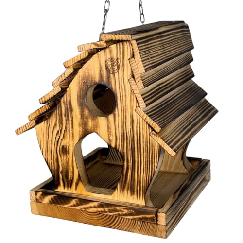 Massives Vogelhaus aus Naturholz Aufhängen Wetterfest verkohlt Kette & Haken Vogelfutterhaus zum Aufhängen für Balkon, Garten, Wildvögel (geflammtes Holz) von STAFECO