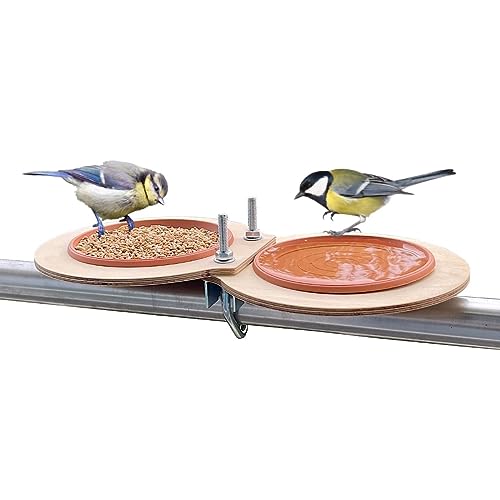 STAFECO® Vogeltränke Balkon Vogelbad Für Garten Mit Halterung Vogeltränke zur ganzjährigen-Vogeltränke Hängend Für Balkongeländer Holz Deko Vogelfutterhaus (Doppelschüssel) von STAFECO