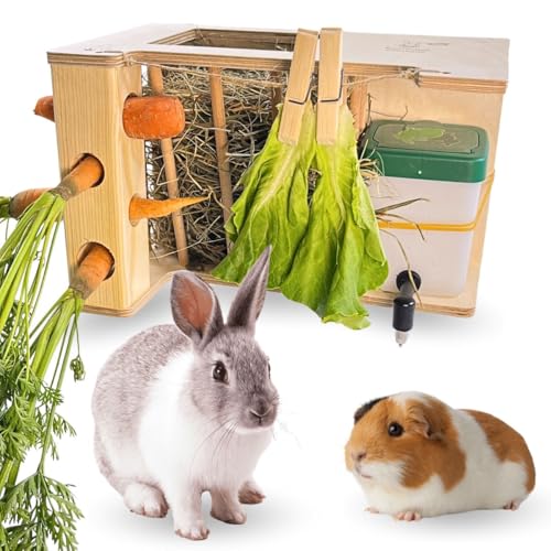 STAFECO Heuraufe mit Haken zum Aufhängen im Käfig Trinkflasche 0,5 l Naturholz Futterstation für Kaninchen, Meerschweinchen, Hasen, Hamster mit Karotten Salatspender, Heuablage Perfekt (breit 3) von STAFECO
