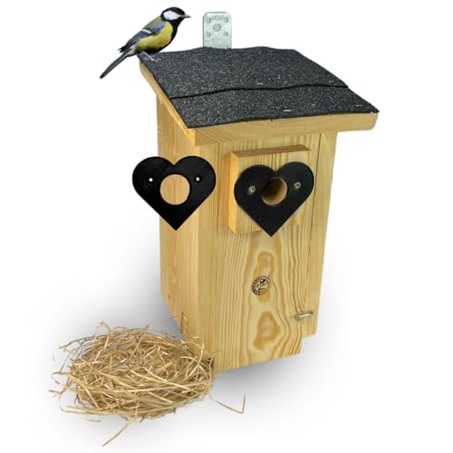 STAFECO Nistkasten Meisen für Blaumeisen und Kohlmeisen Holz mit weicher Pappel Holzwolle herzförmige Schutzringe (32 mm & 28 mm) sicheres Zuhause für Gartenvögel von STAFECO