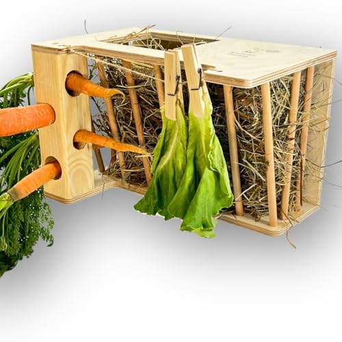 STAFECO Premium Heuraufe Naturholz mit Haken & Clips für Salat Futterstation für Kaninchen, Meerschweinchen, Hasen, Hamster Perfekt für Kaninchenstall (breit 2) von STAFECO