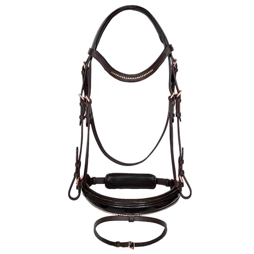 EQUESTRIAN QUEEN Trensenzaum anatomisch – Lackleder Strass Reitzaum mit weich gepolstertem Nasenriemen – Leder Zaumzeug für Warmblut – Elegantes Design - Orion (Braun, Full (Warmblut)) von START ENJOY THE RIDE