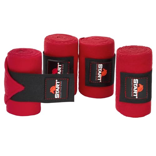 Start - Bandagen Pferd mit Klettverschluss und Aufbewahrungstasche, Fleecebandagen Pferd 4er Set, Elastikbandagen Pferd, Bandagen für Pferde, Bandagen Pony (100 cm, Rot) von START ENJOY THE RIDE