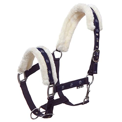 Start Pferdehalfter, Halfter für Pferde, Halfter Cob mit Kunstfell, Halfter Pferd, Halfter mit Fell Schwarz, Pferde Halfter Warmblut, Vollblut, Pony Halfter (Dunkelblau, Pony) von START ENJOY THE RIDE